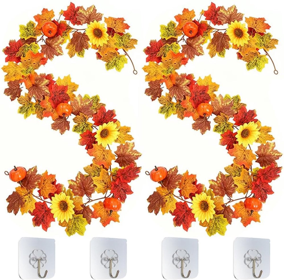 2 stuks herfstslinger, esdoornbladeren, 175 cm, kunstslingers, herfstbladeren, herfstslinger, met pompoen en zonnebloemen, voor binnen en buiten, bruiloft, oogstfeest