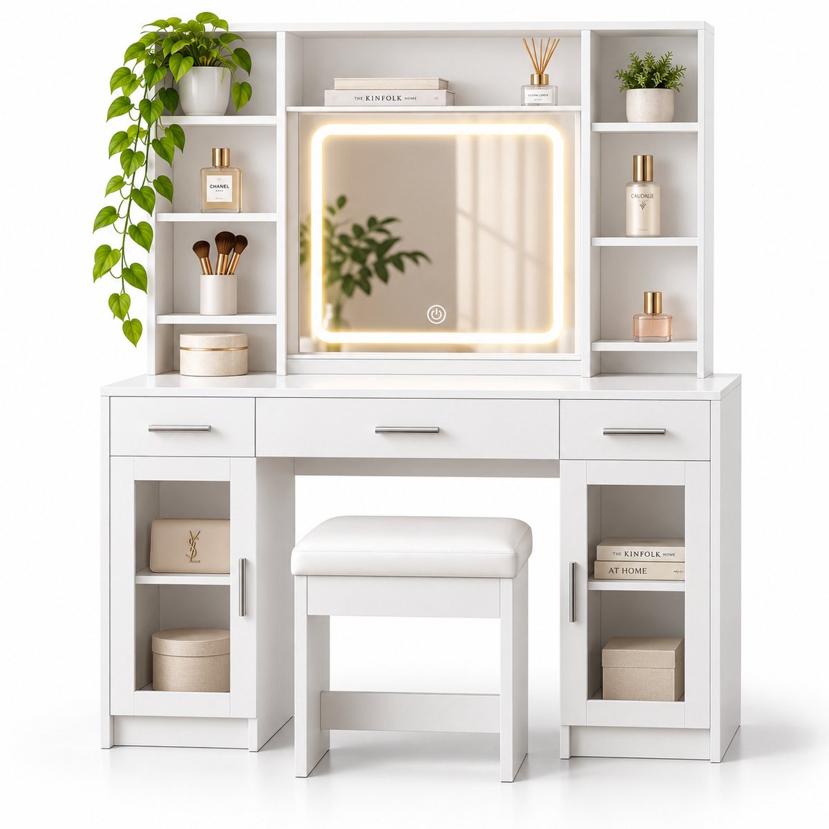 ITRONIQ Make Up Tafel met Spiegel – Kaptafel met LED Verlichting – 5 Lades – Kruk met Opbergruimte – USB-poort – Modern Wit