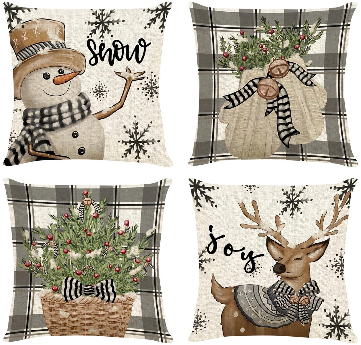 Flintry 4 stuks kerstkussenhoezen 45x45 cm - kerstkussenhoezen in de vorm van een sneeuwpop en rendier - kussenhoezen voor de wintervakantie - kerstdecoraties voor thuis, binnen en op de bank