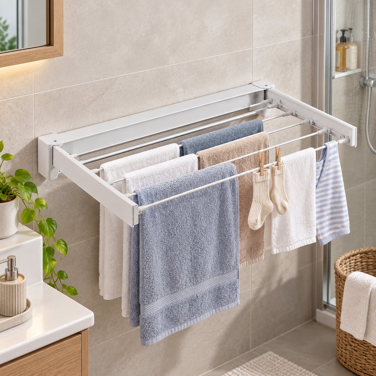 CHICFURN Wandgemonteerd Droogrek, opvouwbaar wasrek met droogrek en kledingstang, 90° inklapbaar ontwerp, ruimtebesparend voor balkon, badkamer en kleine appartementen, met beweegbare haken en montageaccessoires
