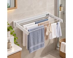CHICFURN Wandgemonteerd Droogrek, opvouwbaar wasrek met droogrek en kledingstang, 90° inklapbaar ontwerp, ruimtebesparend voor balkon, badkamer en kleine appartementen, met beweegbare haken en montageaccessoires