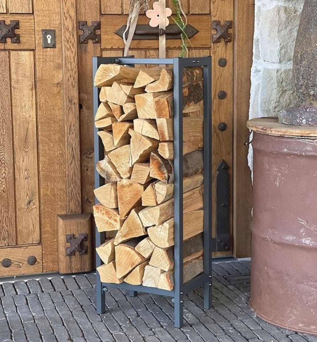 Metalen haardhoutrek antraciet 33 x 25 x 90 cm - Tuin- en binnenhaardhoutopslag