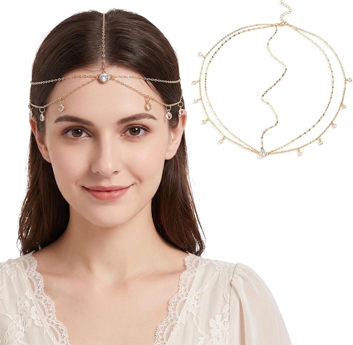 Goud dames haarketting met kristal - elegant hoofdsieraad voor bruiloft, festival & boho-look, hoofdketting voor bruid, waarzegaarskostuum, accessoires, haaraccessoires voor feest