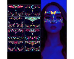 Tijdelijke glow in the dark blacklight partydecoratie, uv-lichtgevende plaktatoeages voor volwassenen en kinderen, festivalaccessoires voor rave, concert en carnaval