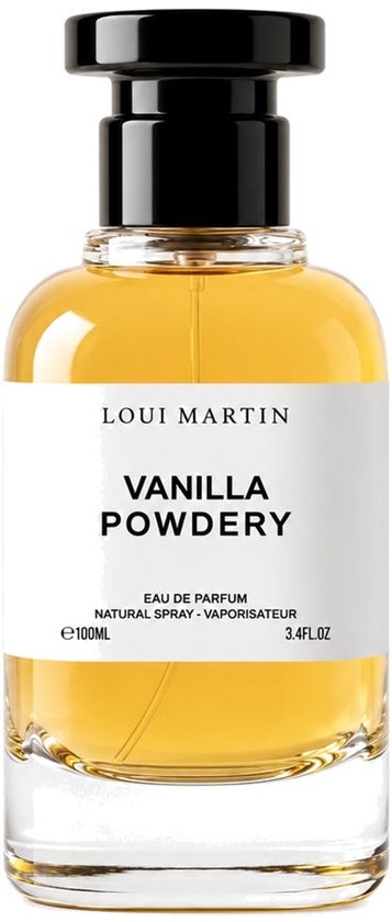 Loui Martin Vanilla Powdery Eau de Parfum 100ml met een gele vloeistof en een zwarte dop.