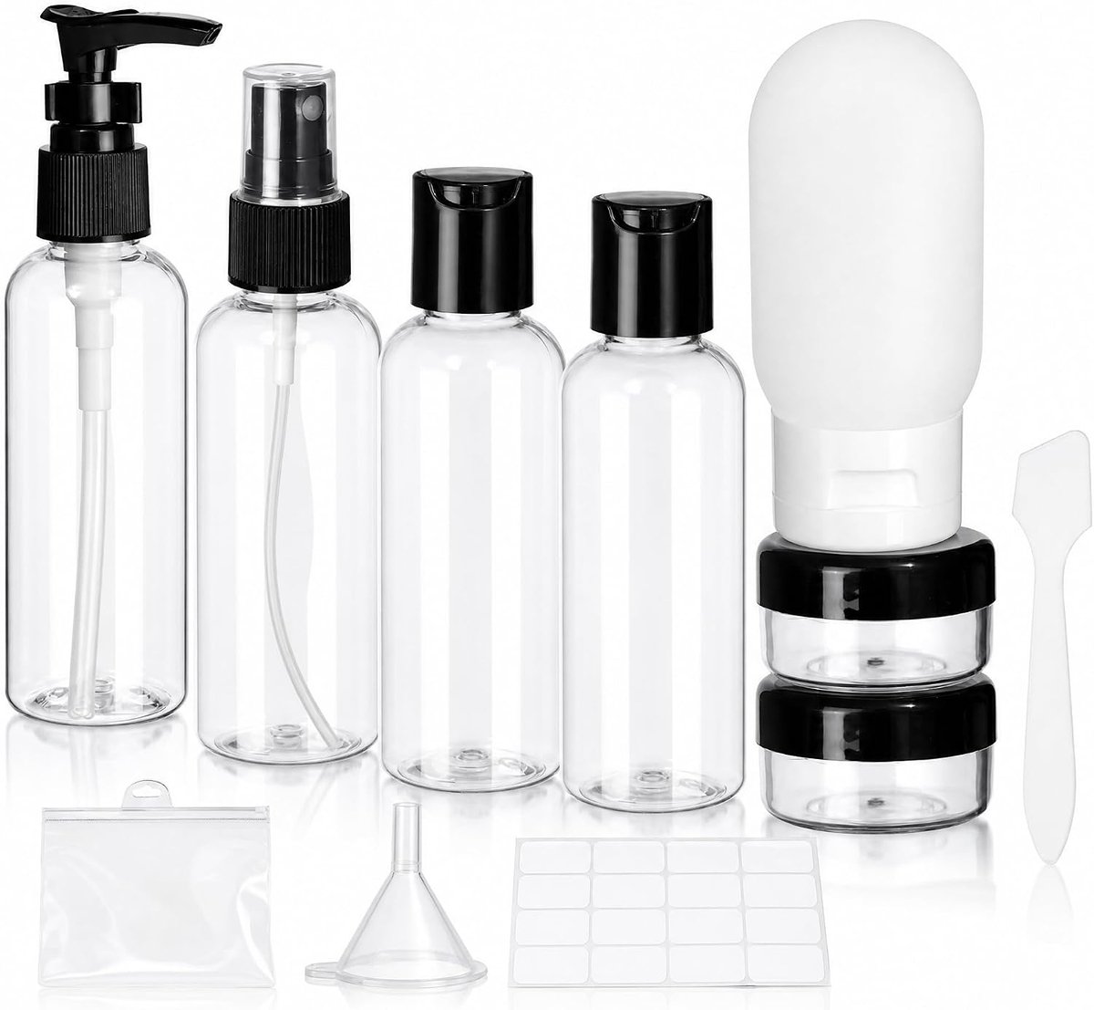 Reisflessen om te vullen: 4 x 80 ml containers voor vloeistoffen met crèmeblikjes, trechter, etiketten en zakken, lekvrij voor shampoo, douchegel en cosmetica