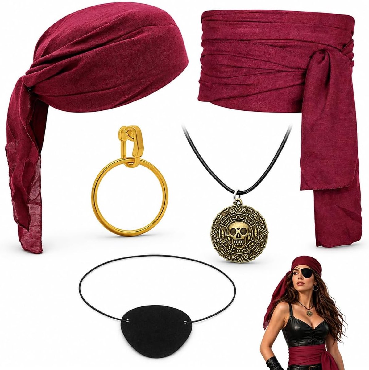 5-delige Piratenaccessoire Set, Piratenkostuum met bandana ooglapje, riemen en ketting, Middeleeuws Piraten Cosplay Kostuum voor Carnaval en Halloween