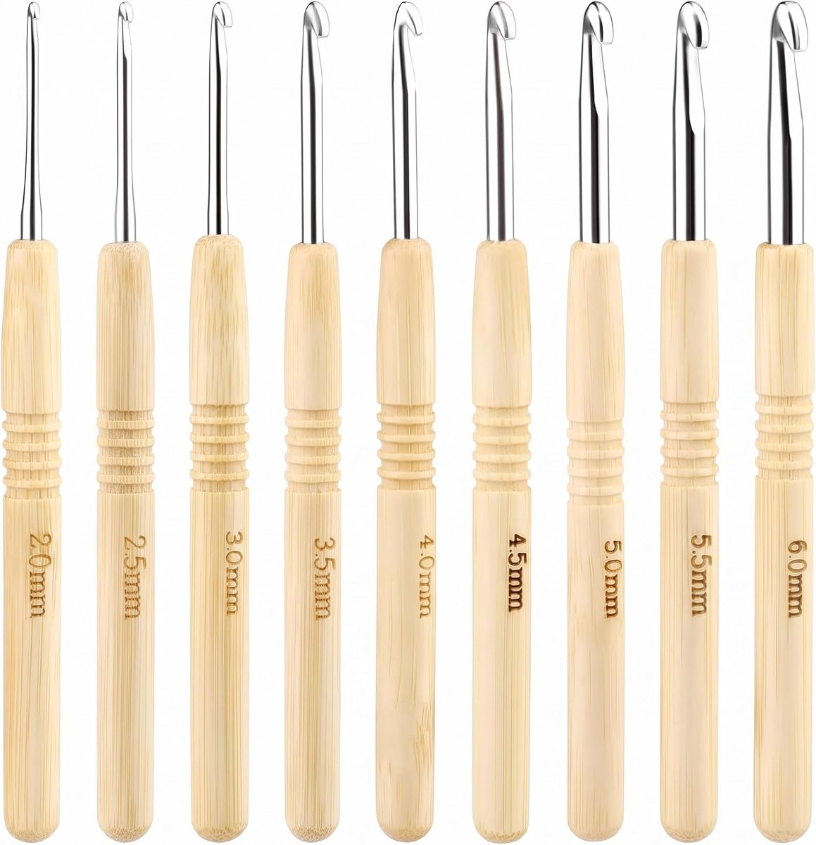Haaknaalden bamboe met zilveren punt, haaknaald 6 mm, 2 mm