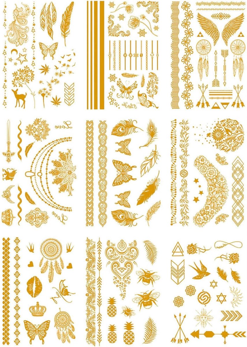 Tijdelijke tatoeages Metaal glitter tatoeages volwassenen dames 9 blad waterfeste tijdelijke kunst sticker met boho mandala ontwerp voor festival karneval bruiloft feest accessoires(01)
