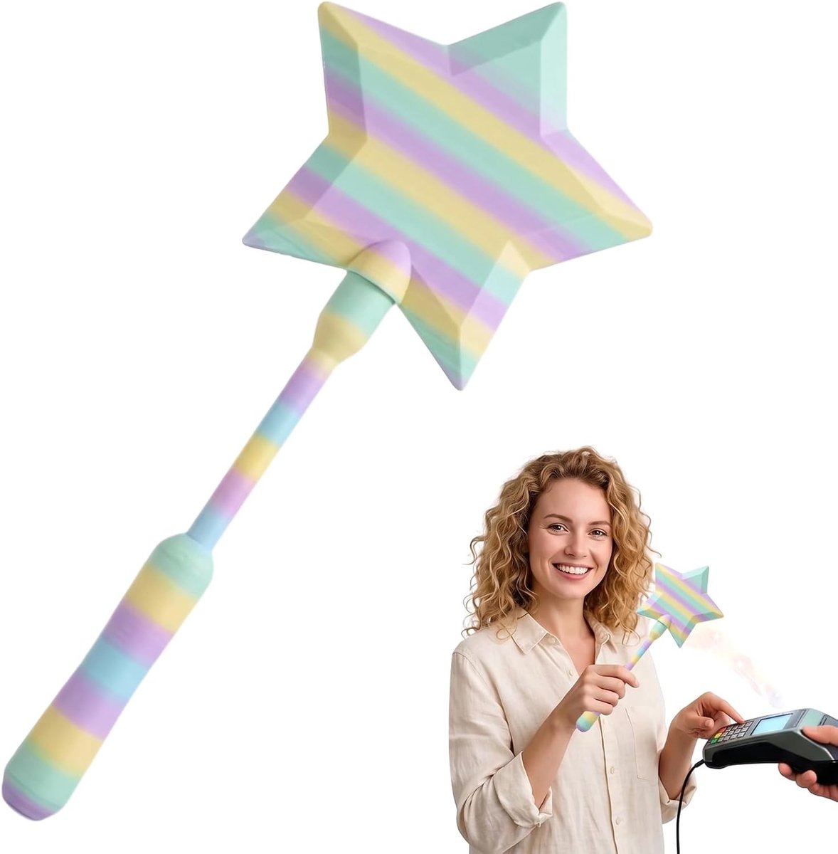 Toverstaf voor creditcards, contactloos, mat regenboogsterdesign, uittrekbare en intrekbare staaf voor betalingen, grappige accessoires voor kassa's en winkels