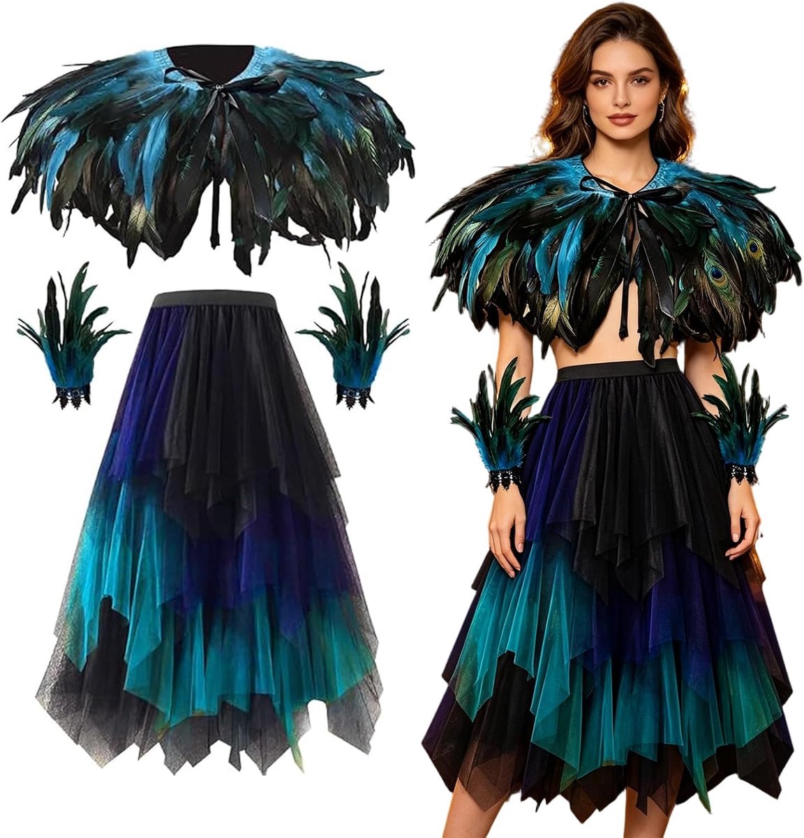 4-delig Pauwenkostuum voor Dames, Inclusief Accessoires, Zoals een Kraag van Veren, Manchetten en een Tule Rok, Een Dameskostuum voor Carnaval, Halloween, Gemaskerde Bals en Feestjes
