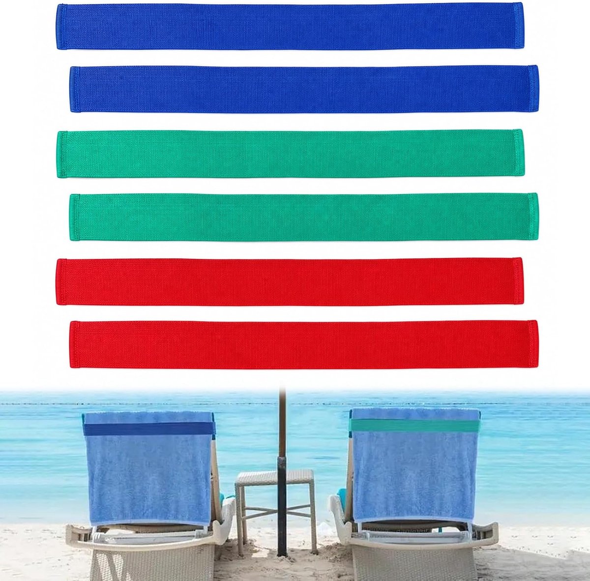 6 stuks handdoekbanden voor strandstoelen, elastische strandhanddoekhouder, banden, 3,8 x 40 cm, handdoekclips, alternatief voor ligstoel, zwembad, strandstoel, cruise, camping, vakantie, blauw, groen