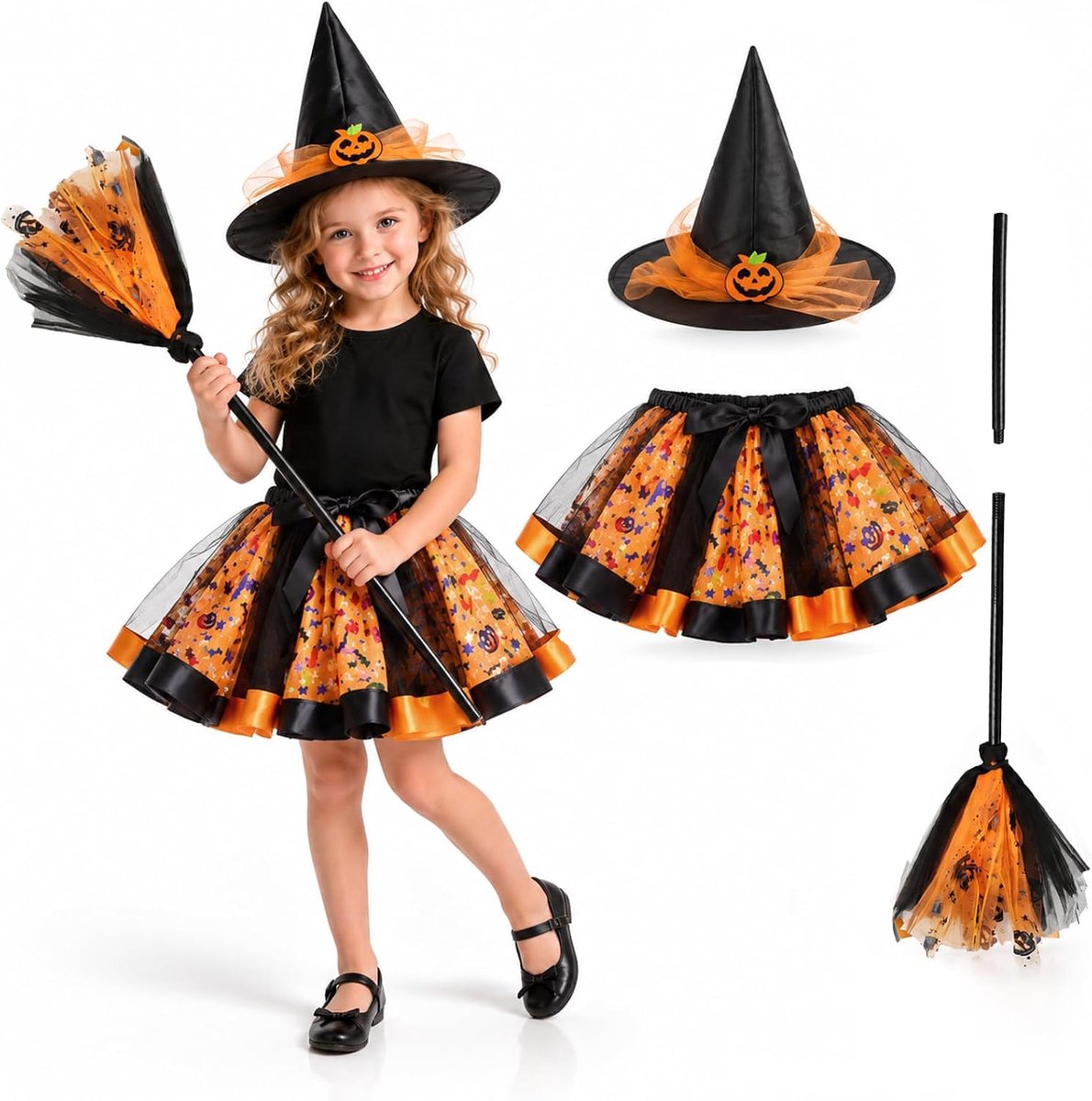 Heksenkostuum voor kinderen, Halloween-heksenkostuum voor meisjes, tutu-rok met heksenhoed en bezem, heksenkostuum voor Halloween, carnaval, themafeest