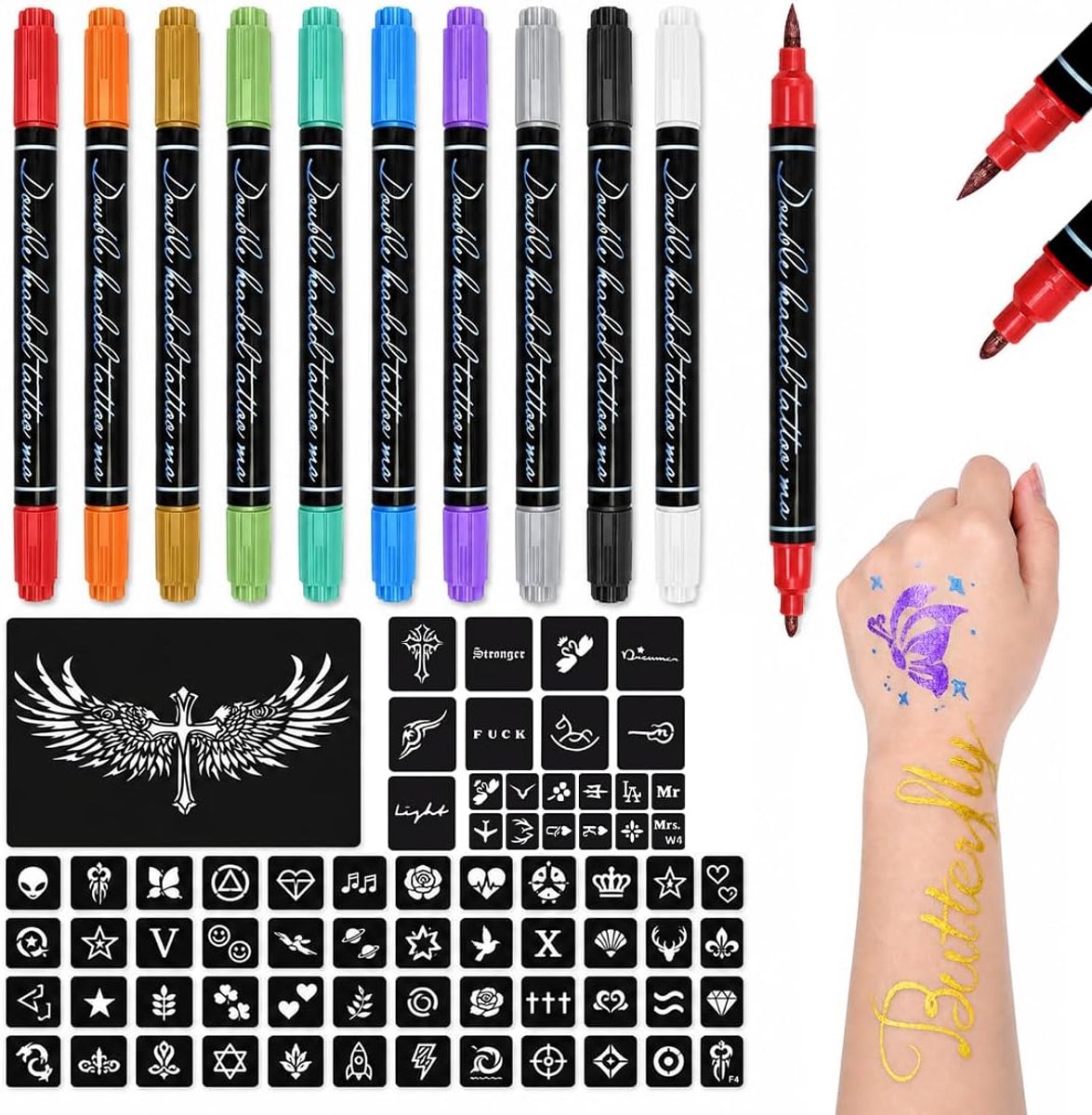 Tijdelijke tattoo-pennen met dubbele punt, tattoo-sjablonen, nep-tatoeages, tijdelijke huidmarkers voor volwassenen, mannen, vrouwen, carnaval, Halloween, verjaardagsfeest