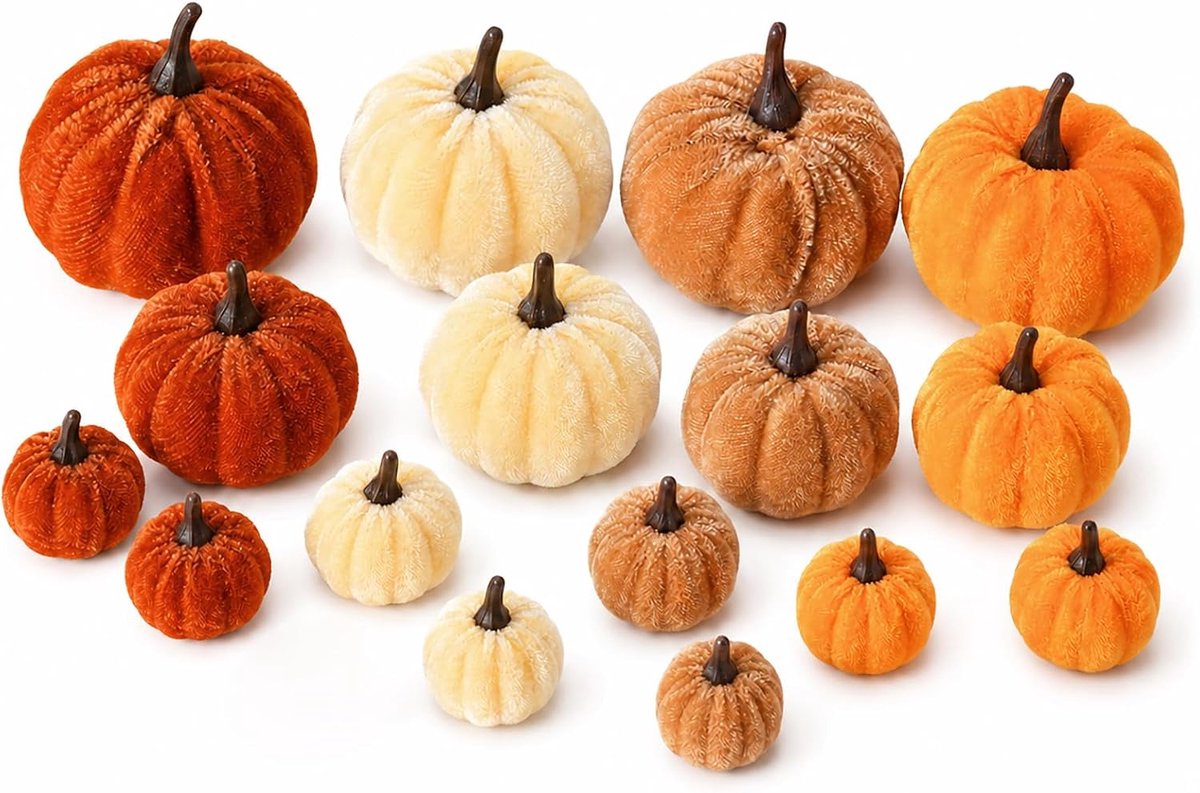 16 stuks pompoendecoratieset, kunstmatige mini-pompoenen, Halloween fluwelen pompoenen set in 4 kleuren en 3 maten voor herfstdecoratie, Thanksgiving, bruiloft, thuis, herfstfeest en feest
