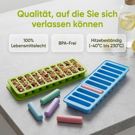 Bevat: u ontvangt 4 stuks mueslirepen vorm siliconen vorm, 10 holtes antiaanbaklaag bakken rechthoekige siliconen vormen, groen, blauw — afbeelding 4
