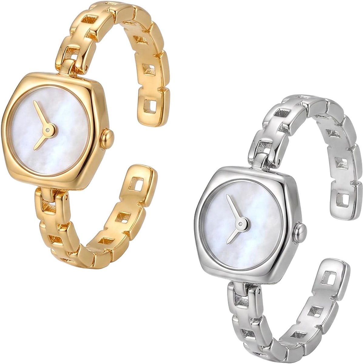 2 stuks ringhorloge voor dames, goud- en zilverkleurige roestvrijstalen ringen, vintage design, verstelbaar, damesringen, inclusief flanellen zakje, modesieraden en elegante accessoires