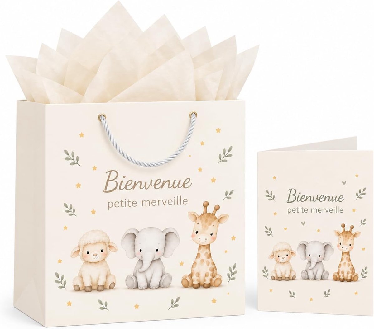 Cadeauzakje baby met zijdepapier crème en papieren zak met wenskaart, Franse geschenktas geboorte voor babyshower cadeau & cadeau voor geboorte, schattig dierendesign