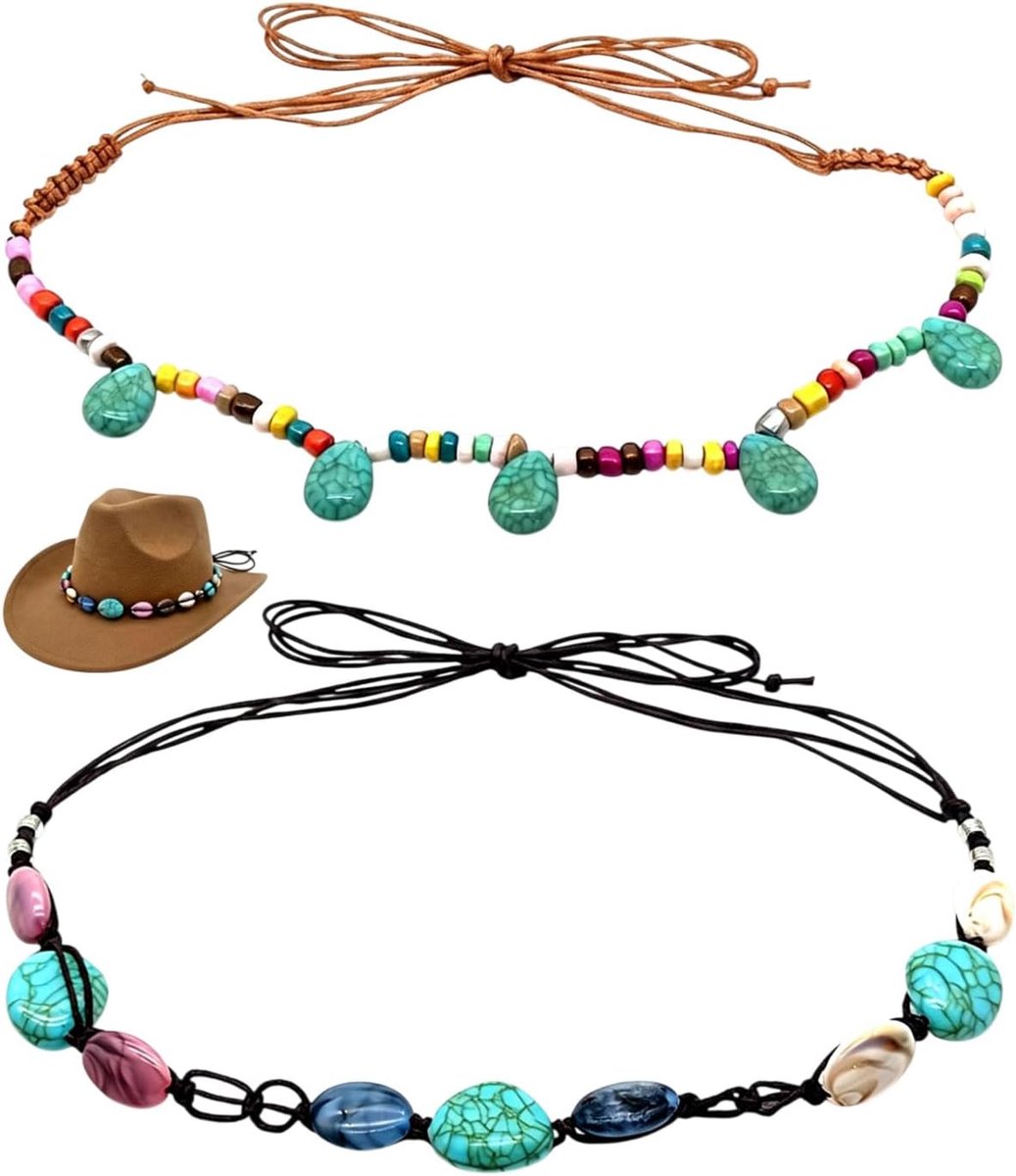 2 stuks cowboyhoedbanden van gevlochten touw met parels, decoratieve hoofdband verstelbaar voor western fedora-hoeden, modeaccessoire voor feestjes en kostuums, vrouwen en mannen, stijl A