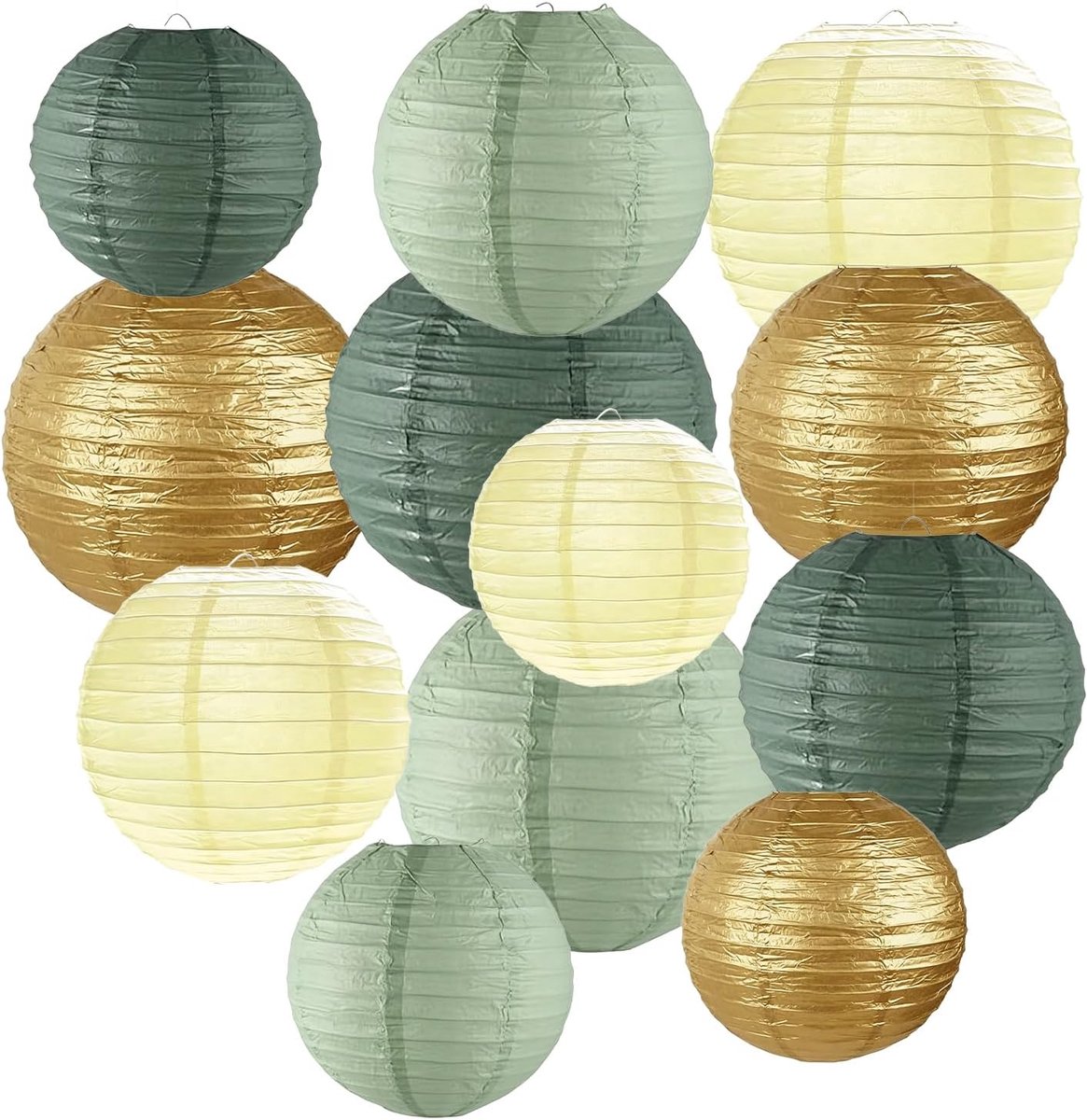 12 stuks, 4 kleuren opvouwbare papieren lampionnen, saliegroen | 15/20/25cm herbruikbare bolvormige decoraties, ophangbaar | Voor bruiloften, tuinfeesten, bruidsfeesten