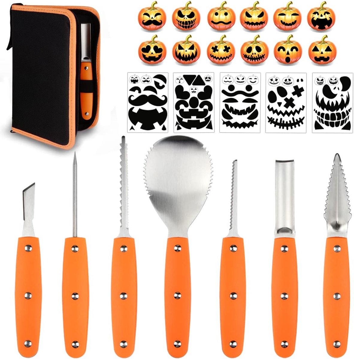 Hoshin Halloween Pumpkin Carving Kit, Professional Heavy Duty Stainless Steel Tools with Carrying Bag (7 Piece Set) - ShopVlot