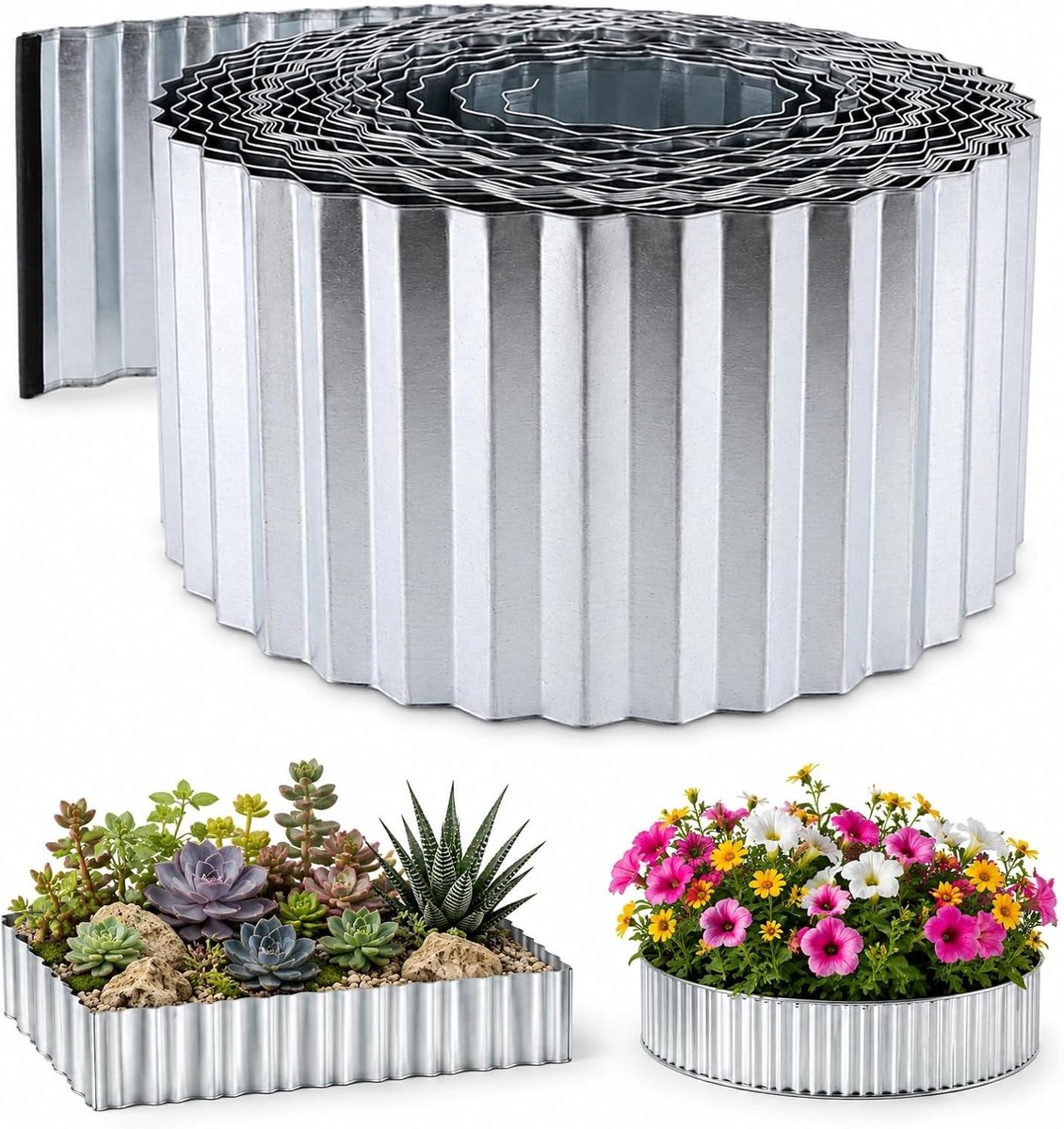 Galvanized Tuinrand, 15 m Metalen Bloembed, 15 cm Hoog, Eenvoudige Montage, Roestvrij en Duurzaam, Flexibele Border met Montagehandschoenen