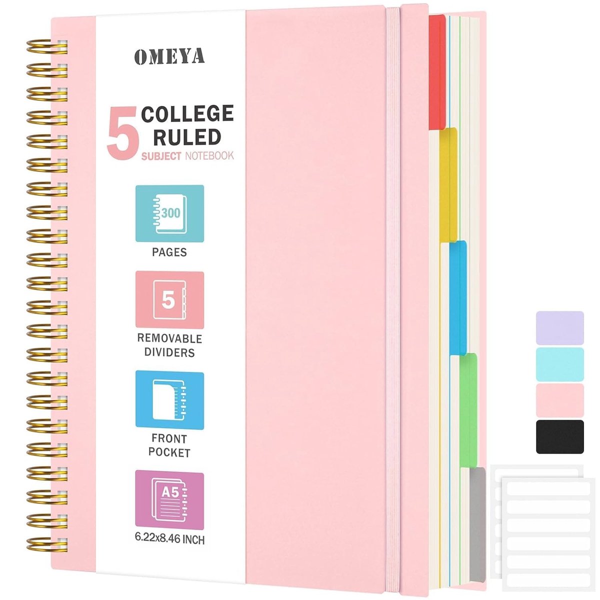 SnelShoppen - 5 Compartiment Notebooks A5, College Lined, Spiral Bound Notitieboek met Verwijderbare Tabs, 300 Pagina's, 100gsm Dikte voor Thuis, Scho