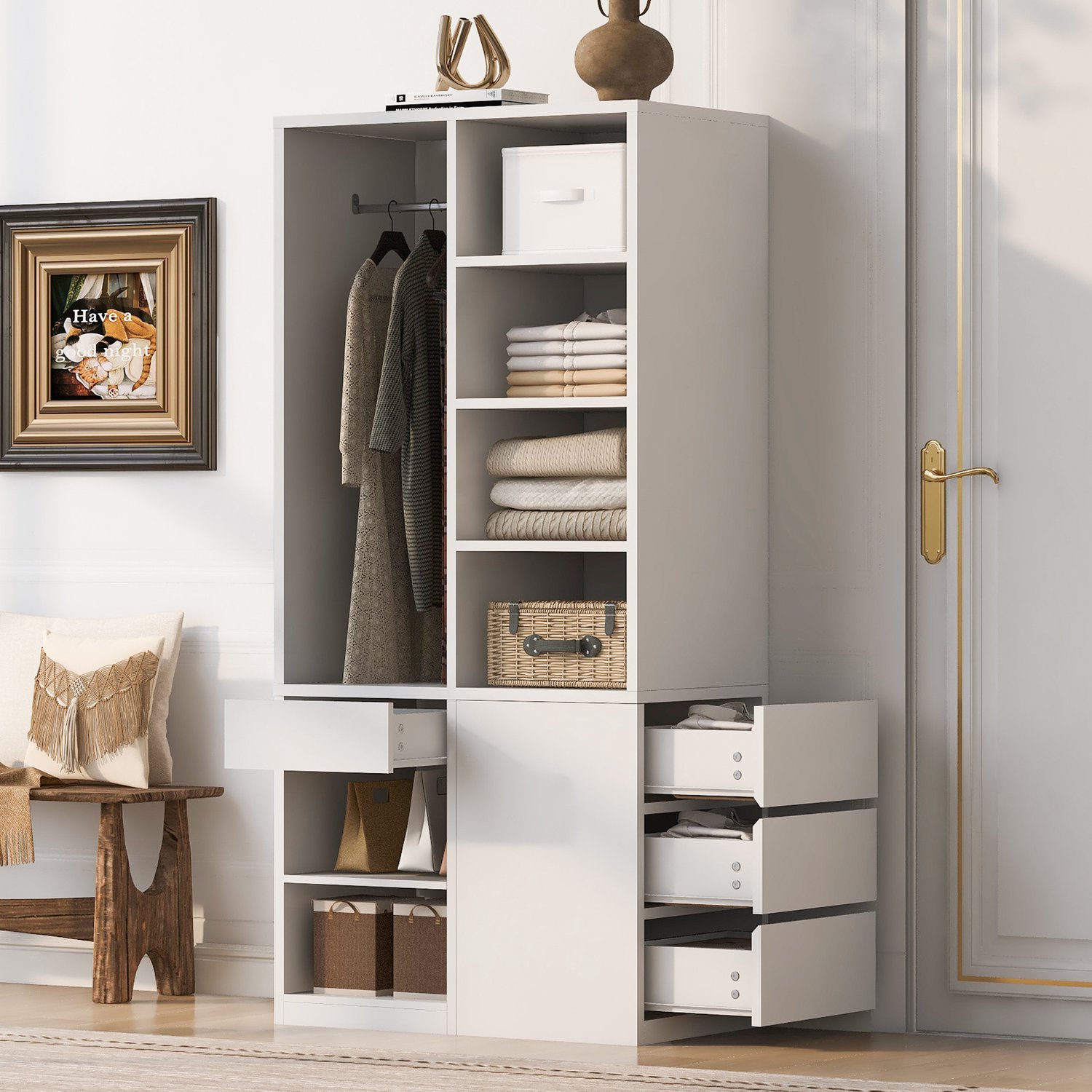 MODENUIT Kledingkast - Open Indeling Met Lades En Kledingroede - Slaapkamer - MDF - Wit - 70x50x170 Cm