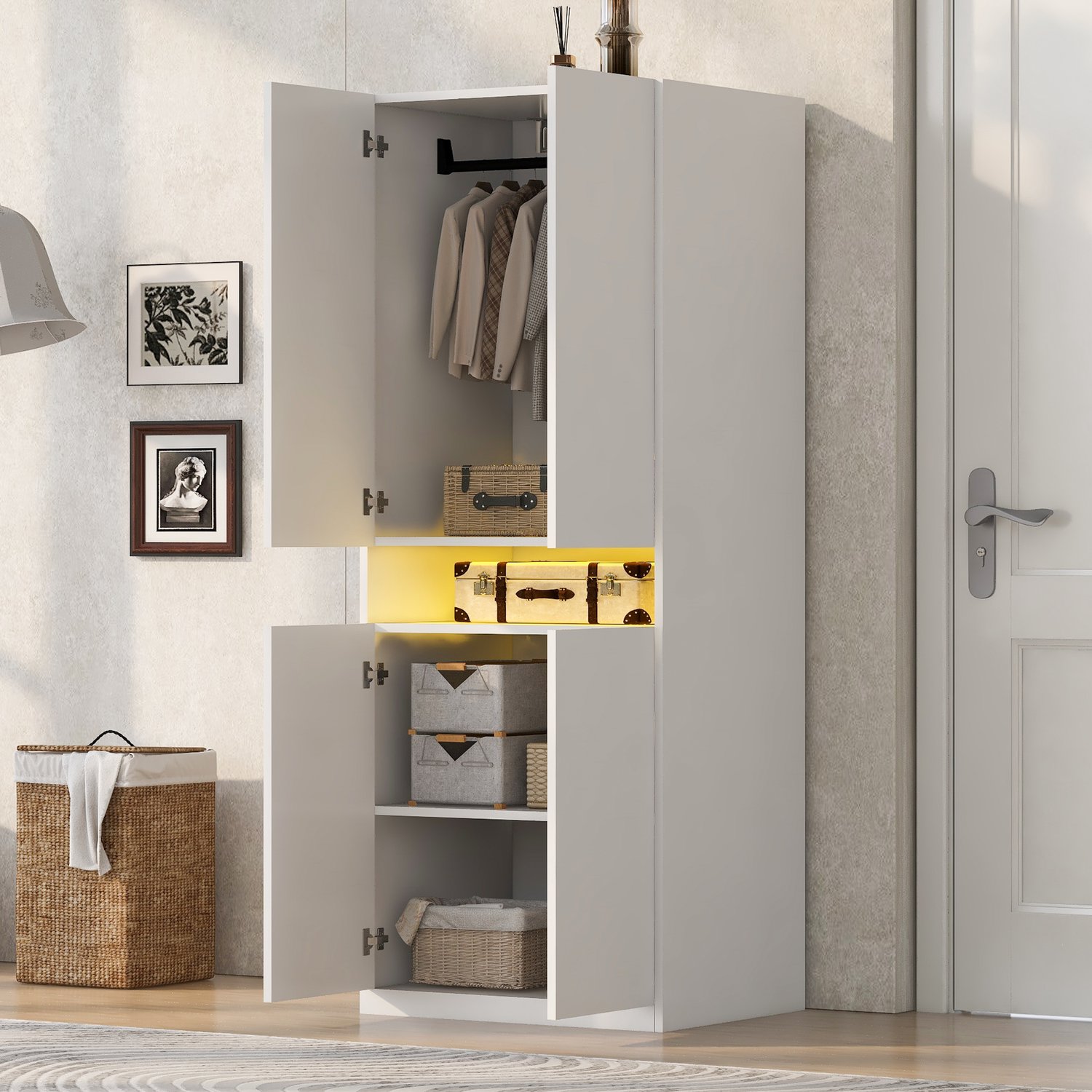 MODENUIT Kledingkast - Twee Deuren Met LED-Vak En Hanggedeelte - Slaapkamer - MDF - 70x55x180 Cm - Wit