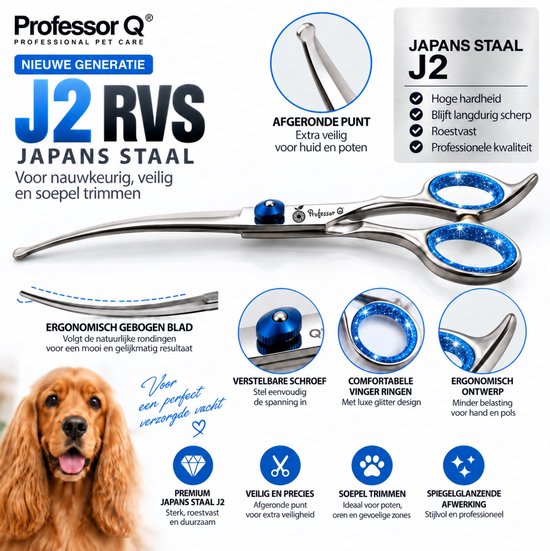 Zilverkleurige Professor Q J2 RVS trimschaar met blauwe glitter ringen, ergonomisch gebogen blad en afgeronde punt.