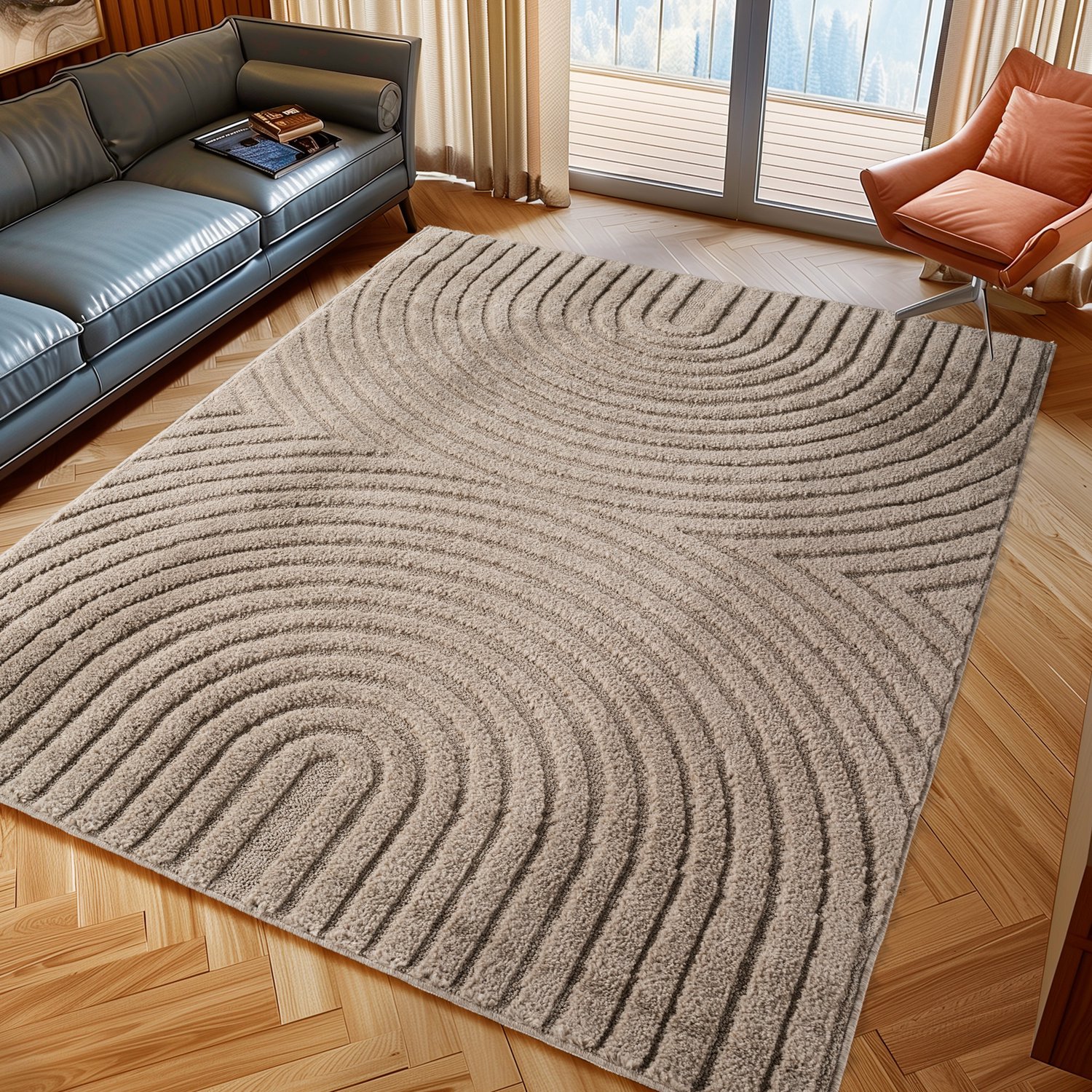 Moonay Kiyaro Arco Vloerkleed Beige 140 x 200 cm - Japandi Scandinavisch - Lijnen en Bogen - Hoog- en Laagpolig 3D