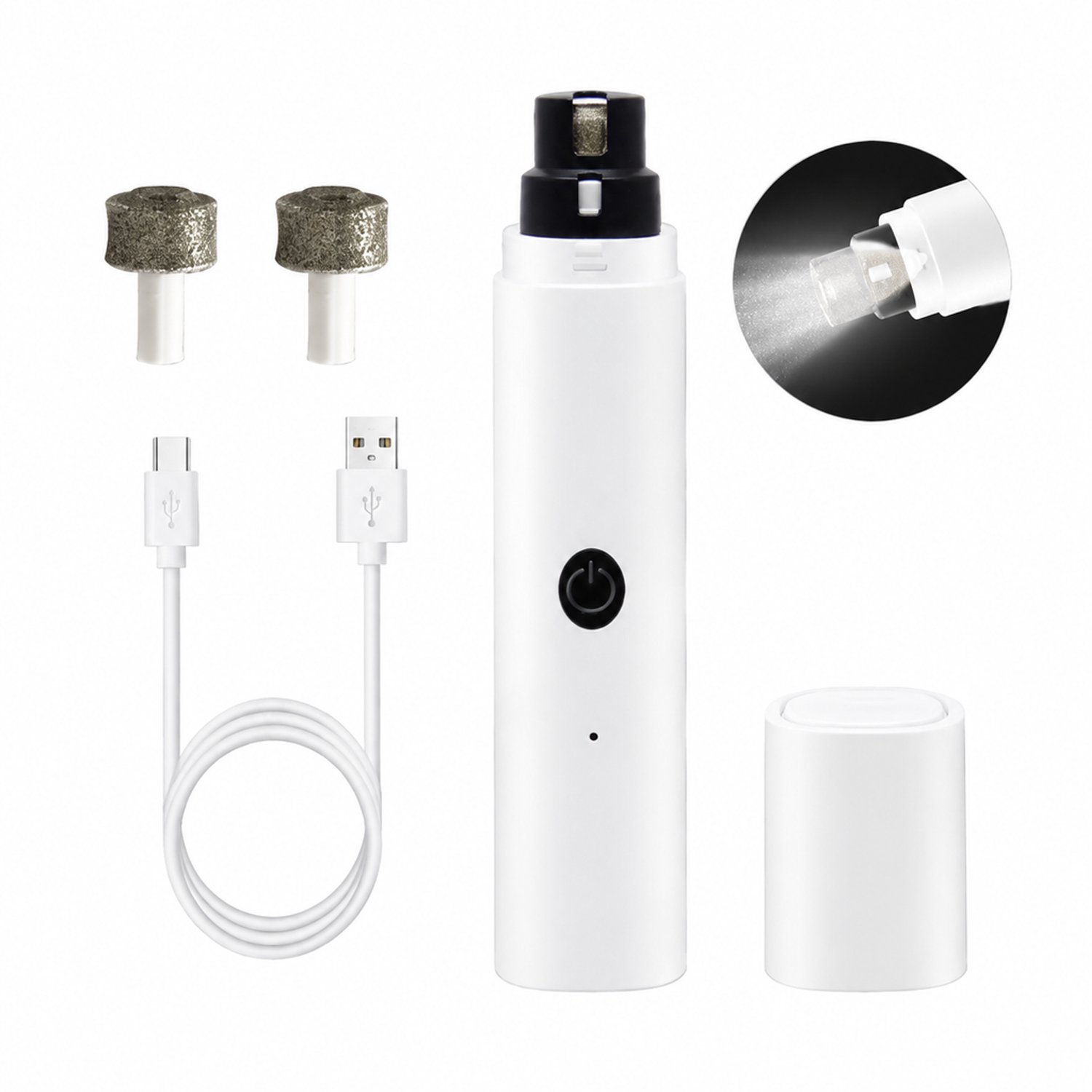 Elektrische nagelknipper voor huisdieren - USB-oplaadbaar - 2-koppenset in wit - inclusief 1 apparaat en 1 extra slijpkop
