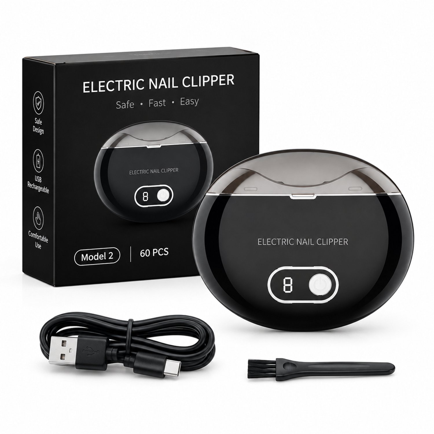Elektrische nagelknipper - model 2 - zwart met Engelstalige verpakking - voor dagelijks en huishoudelijk gebruik - verpakking met 60 stuks