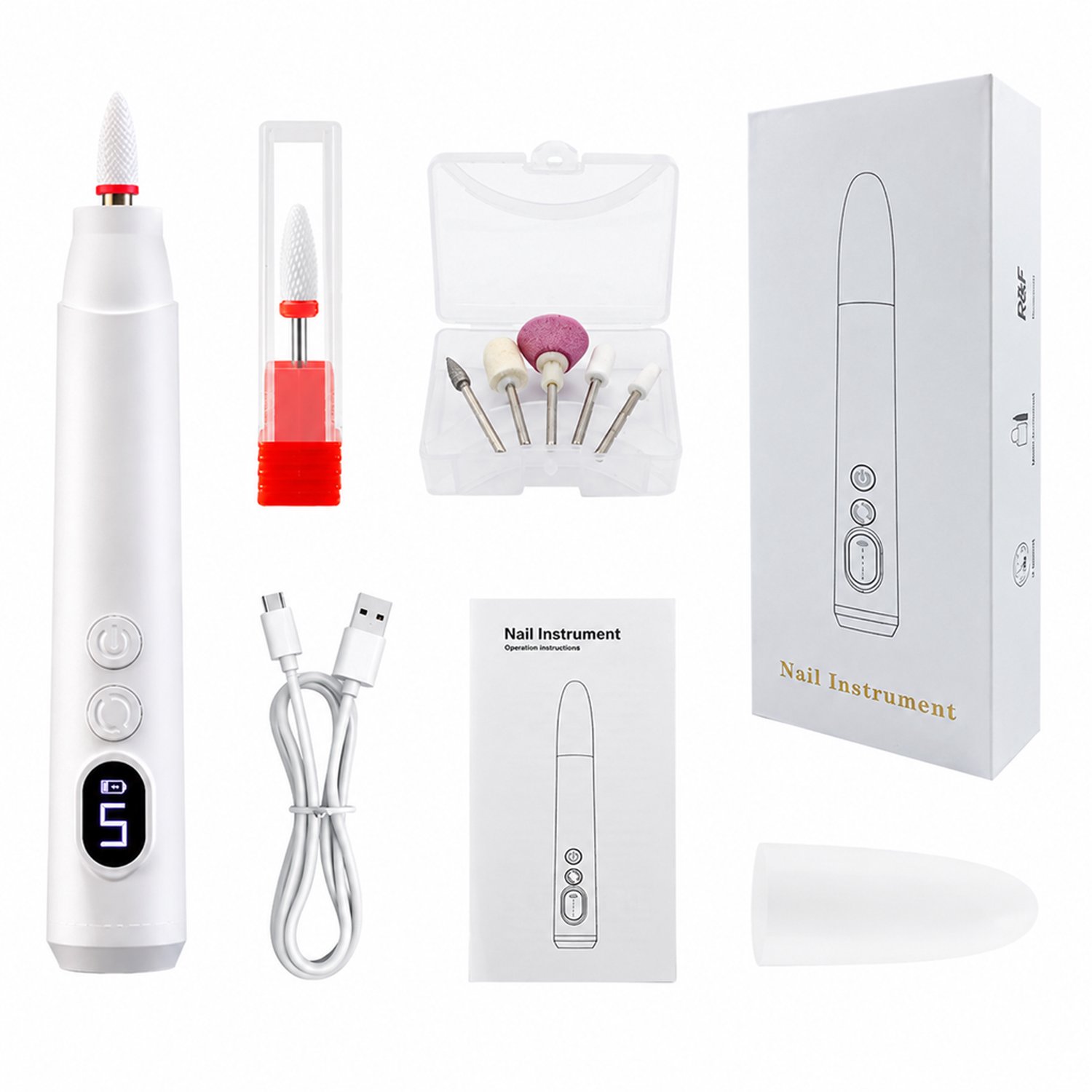 Elektrische nageltrimmer - oplaadbaar - meerdere snelheden - voor dagelijks, thuis en commercieel gebruik - 6 slijpkoppen