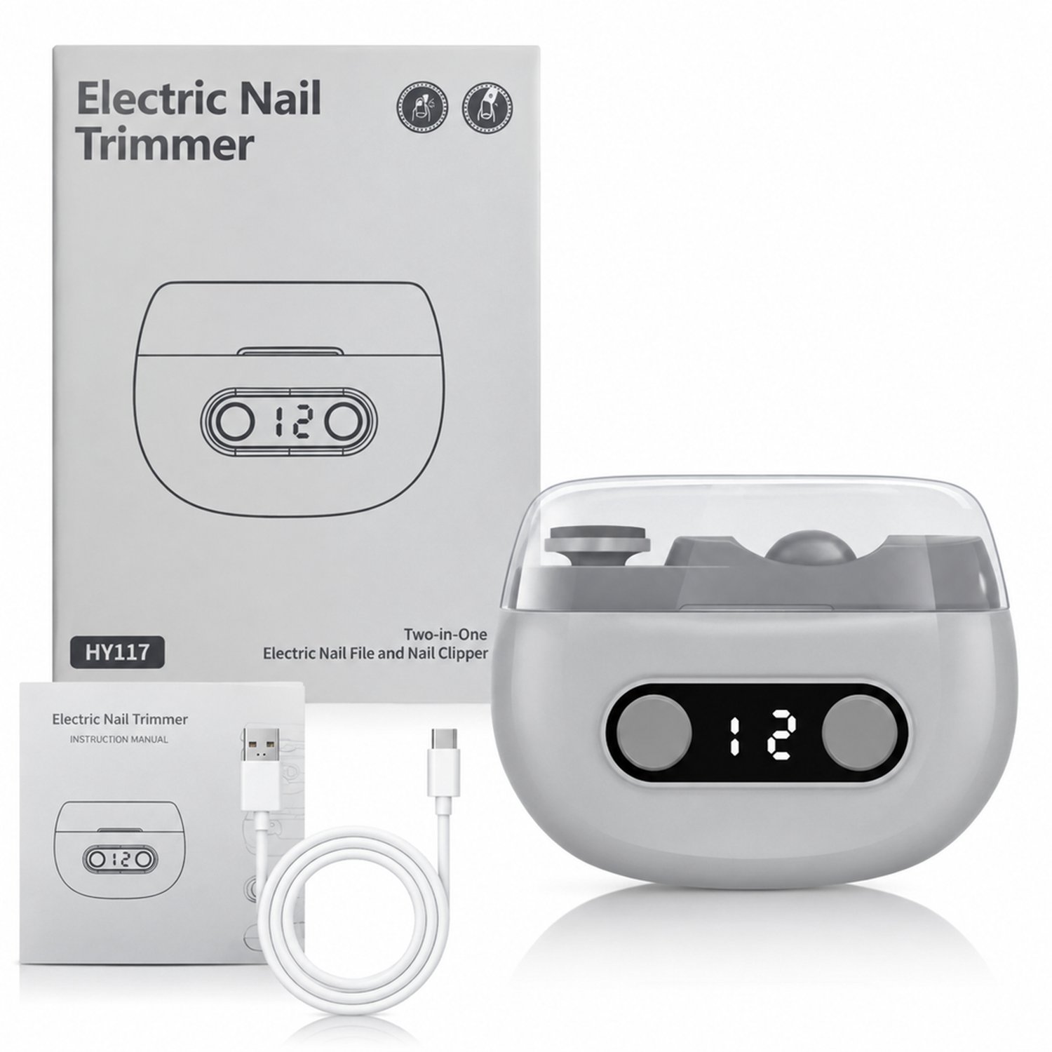Elektrische nagelknipper - grijs - voor dagelijkse nagelverzorging - voor thuis en zakelijk gebruik - met handleiding en oplaadkabel