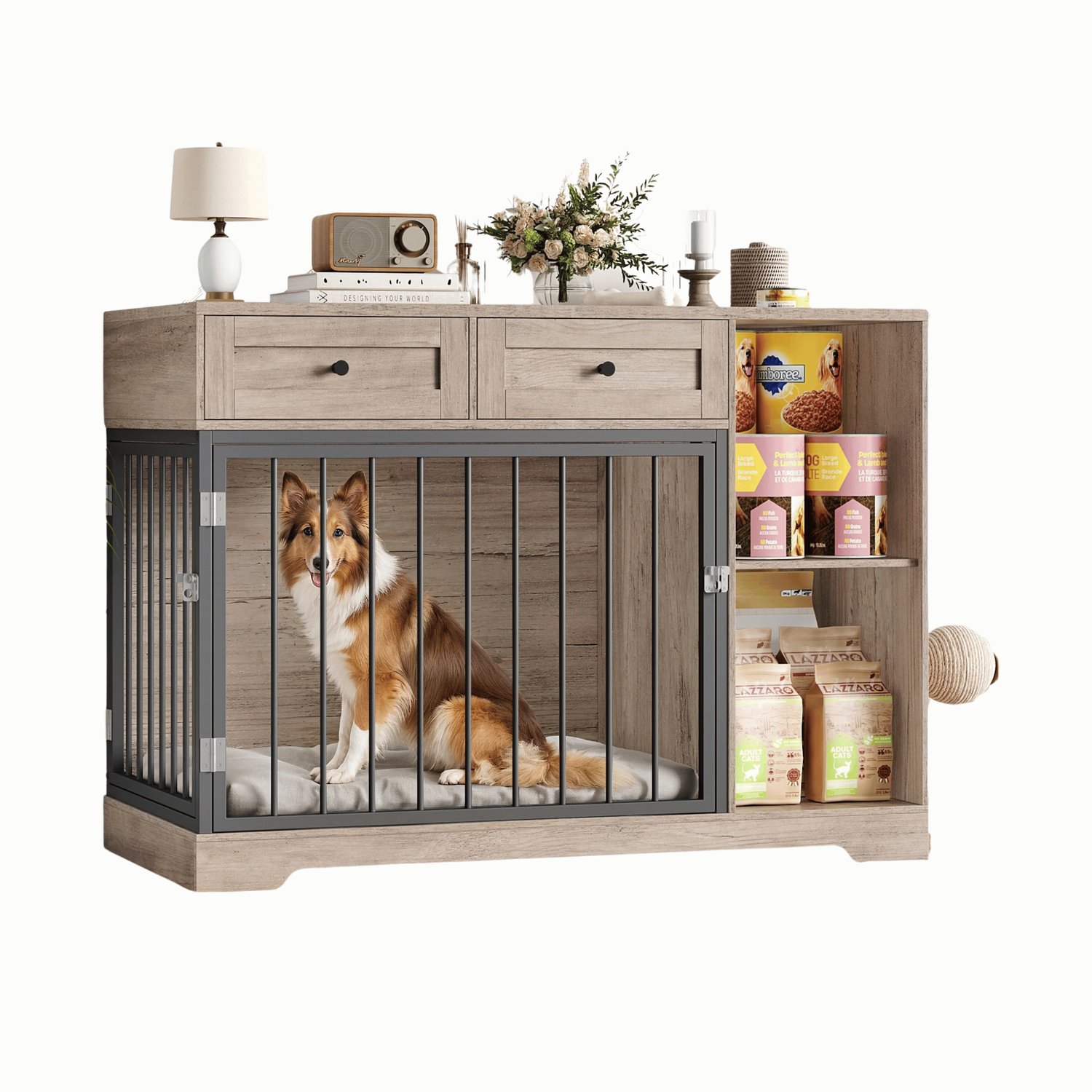Homezo bench - Stijlvol hondenmeubel - Binnenverblijf - Afmeting bench 83 x 56 x 60 cm - 2 Openingen - 2 Lades - Open opbergruimte