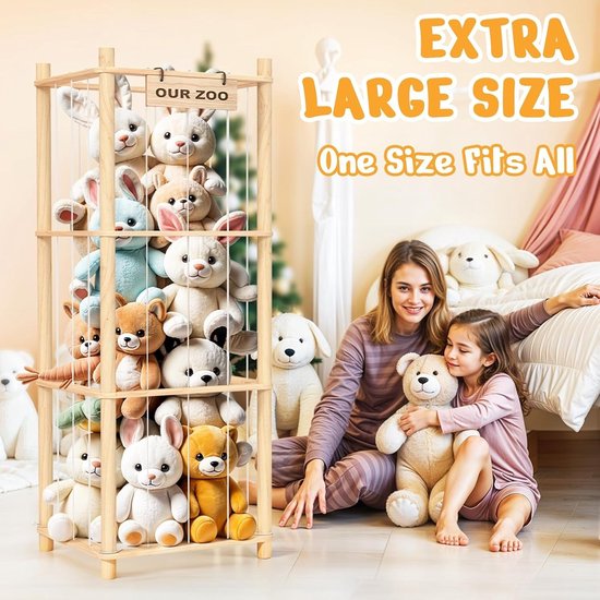 3-Laags Houten Knuffelopberger - Knuffel Dierentuin Opbergrek met Elastische Touwen - Speelgoed Organizer Kinderkamer - Natuurlijk Hout — afbeelding 2