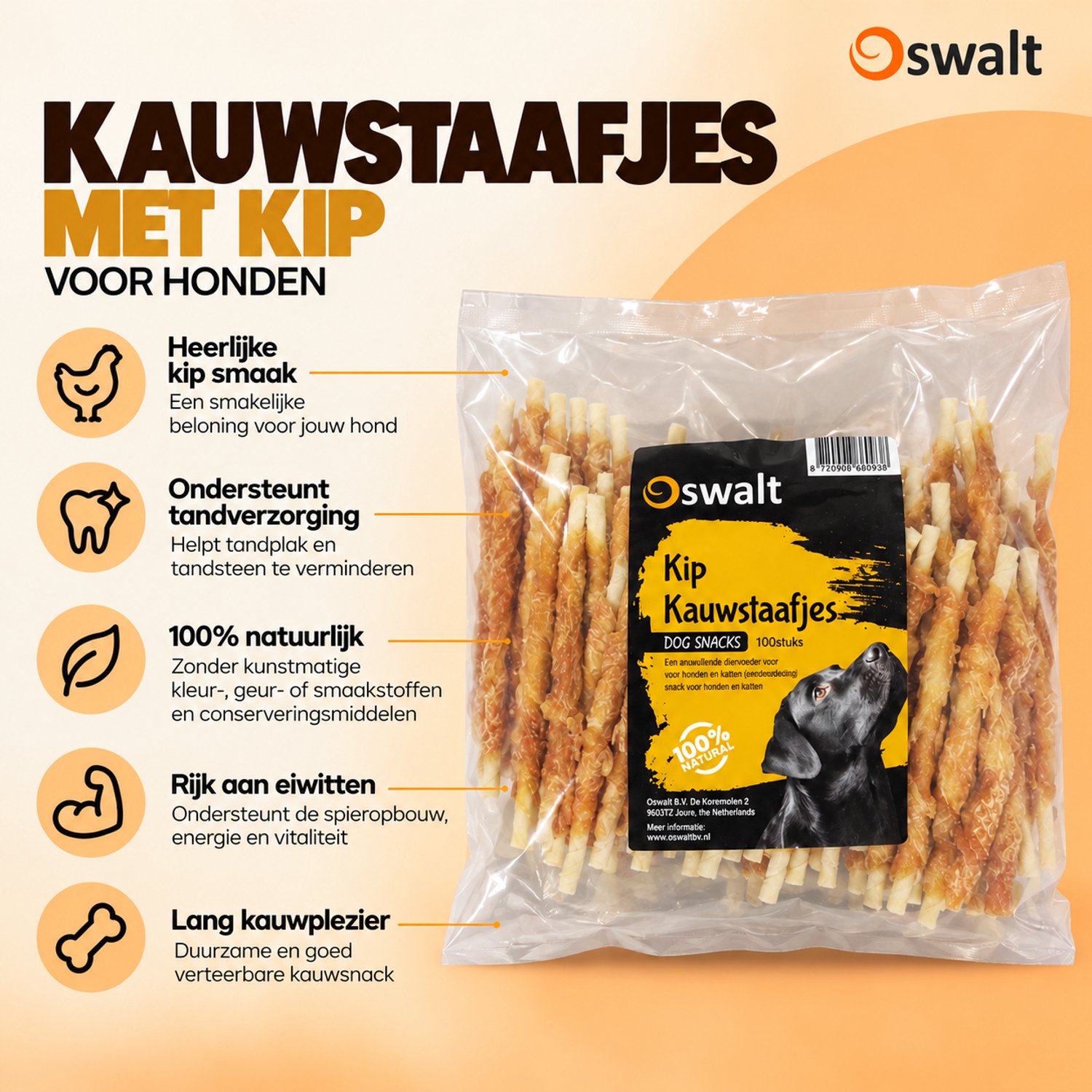 Bol.com Oswalt kauwstaafjes met kip - gedraaide sticks met kip - 950 gram - 12,5cm - hondensnack aanbieding