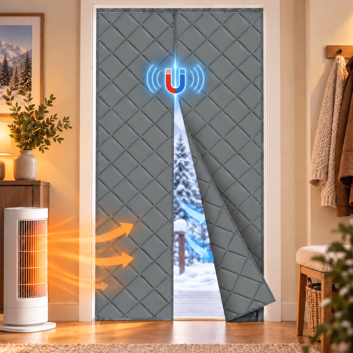 Lapamax Magnetisch Thermisch gordijen kant en klaar - 3-Laags Isolerend Dikke gordijnen - Zelfsluitend, Winddicht, Geluidsdempend - Zonder Boren - Scheidingsgordijn voor Slaapkamerdeur, Hal en Gang - Grijs - 90 x 210 cm (B x H) - 2 Stuks