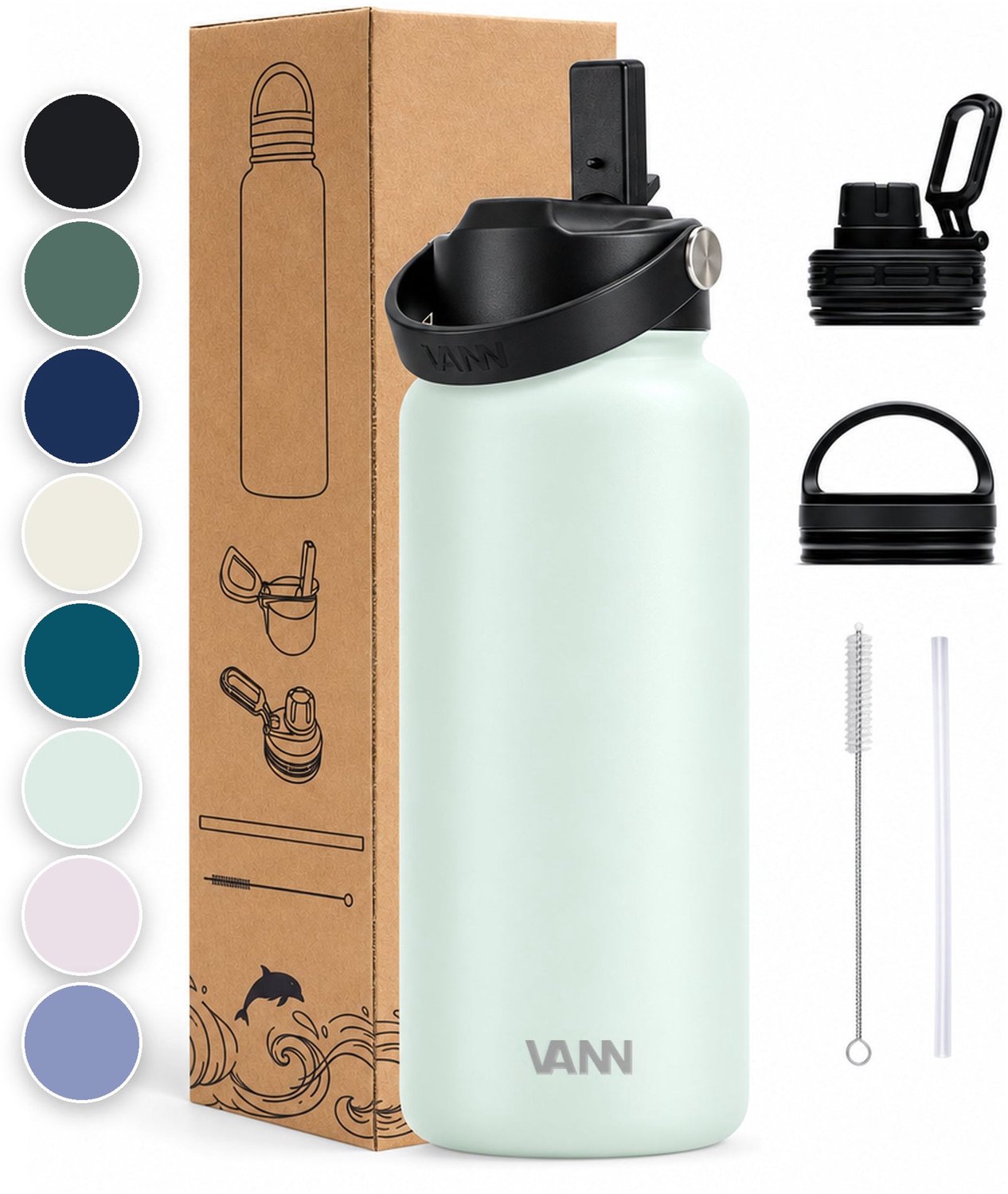 Bol.com VANN® 3-Wandige RVS Drinkfles 1 Liter met rietje voor volwassenen – Met 5 accessoires – Thermosfles – 24 uur koud/12 uur... aanbieding