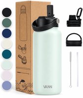 Gourde VANN® 3 parois 1 litre avec paille pour adulte - avec 3 bouchons / Multifonctionnelle - 24h froide / 12h chaude - Grijs