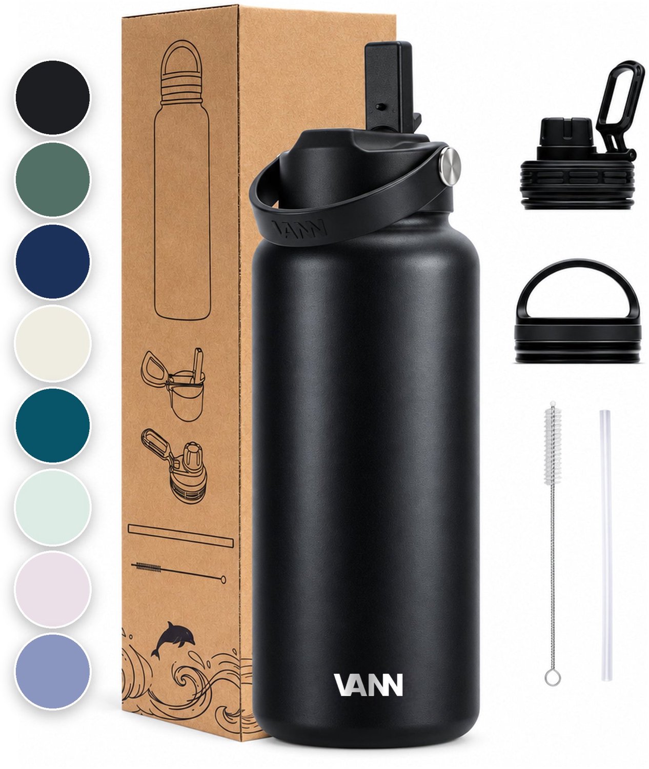 Bol.com VANN® 3-Wandige RVS Drinkfles 1 Liter met rietje voor volwassenen – Met 5 accessoires – Thermosfles – 24 uur koud/12 uur... aanbieding