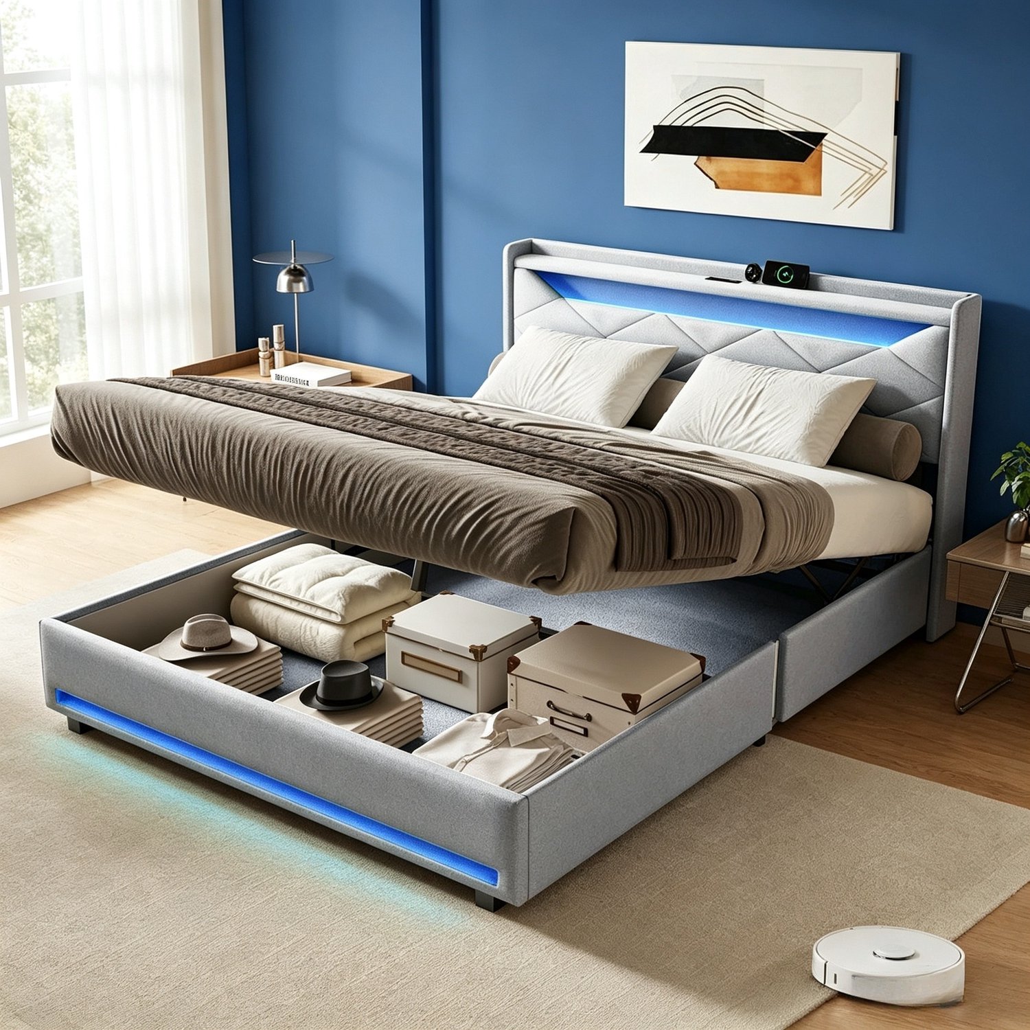 ROSAHQNDA Volwassen bed 140x200 cm, gestoffeerd opbergbed met ruitvormig hoofdbord en LED-verlichting, tweepersoonsbed, Scandinavisch design, linnen, grijs, zonder matras