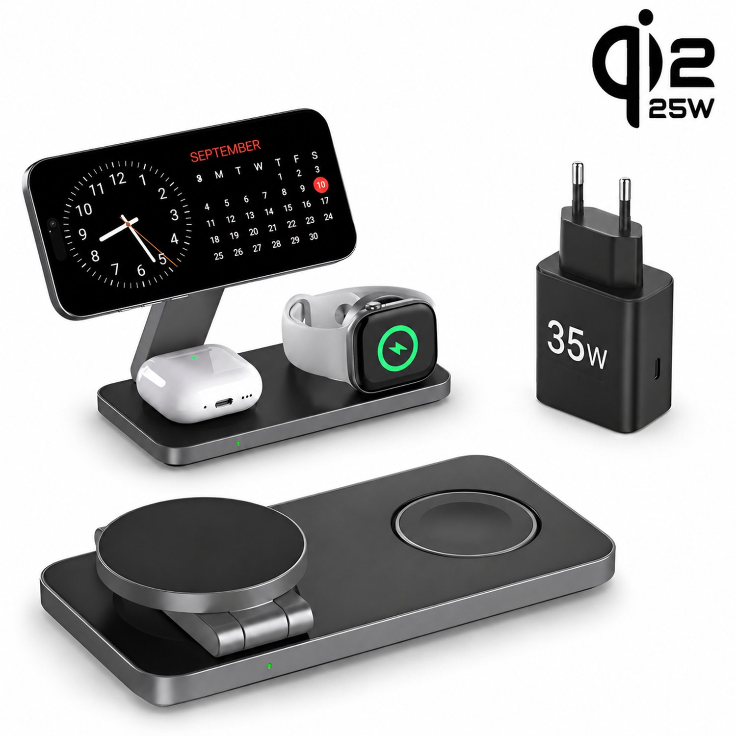 3-in-1 Draadloze Oplader 25W voor iPhone, Apple Watch en AirPods – MagSafe Compatibel – Inclusief 35W USB-C Adapter en Kabel