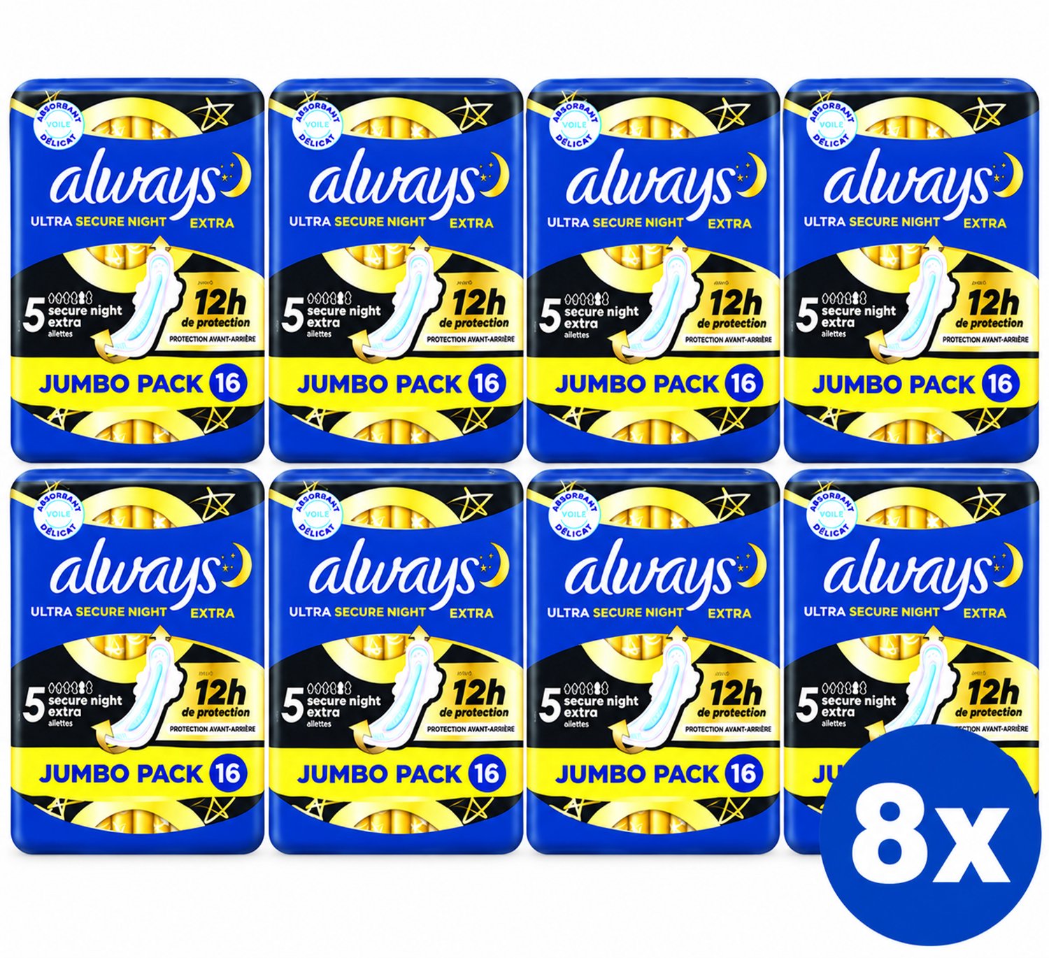 Always Ultra Secure Night Extra Maandverband – Maat 5 – 8 x 16 Stuks – 128 Stuks – Nachtbescherming met Vleugels