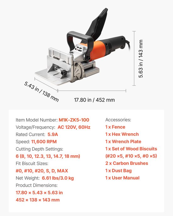 Plaatverbinder 5.9A- Plaatverbinderset met 11.600 tpm 760W motor- 45-graden centreerinkeping- hardmetalen zaagblad- houten lamellen- stofzak- verstelbare hoek en diepte- voor houtbewerking — afbeelding 5