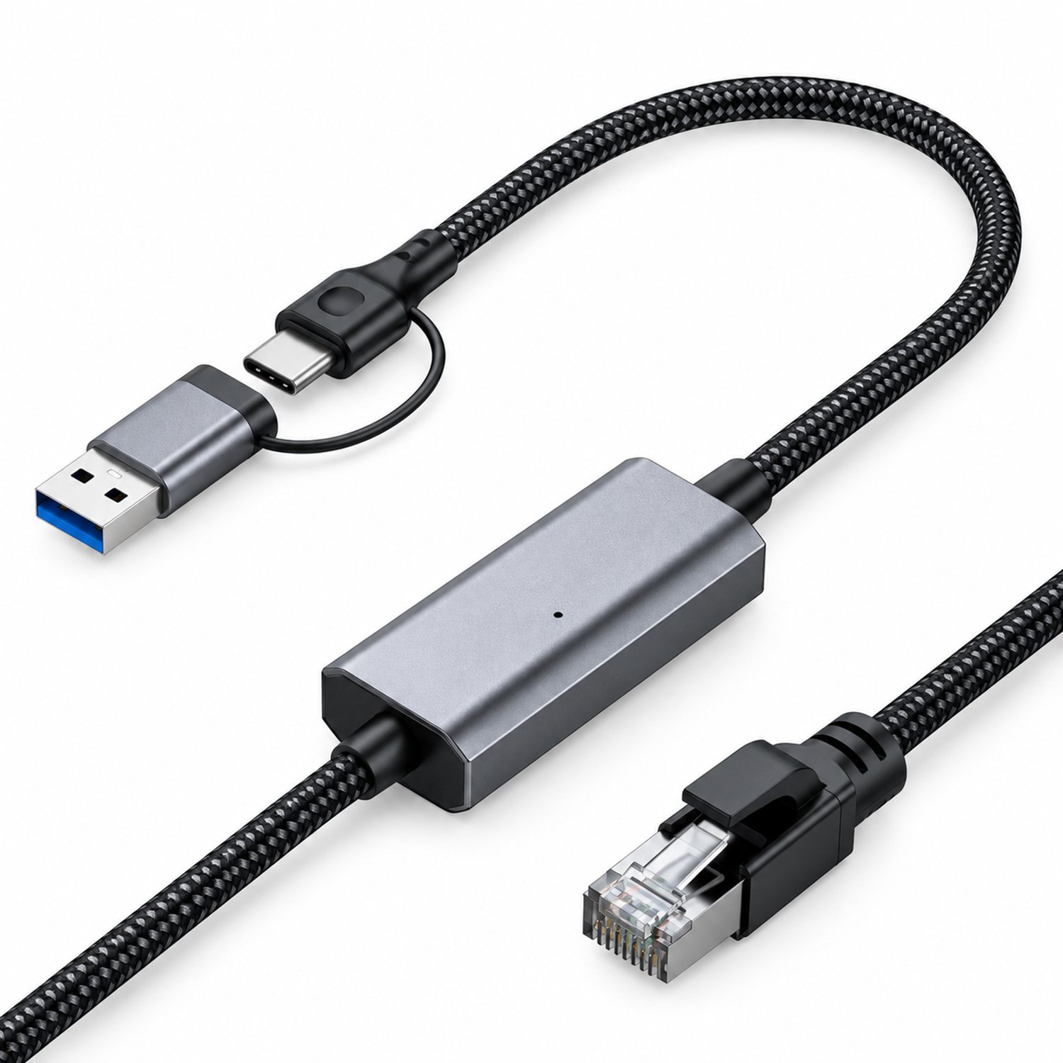DrPhone NetCore Duo 2.5G – USB-C & USB-A naar RJ45 Ethernetkabel – 2,5Gbps – 3 Meter – Zwart