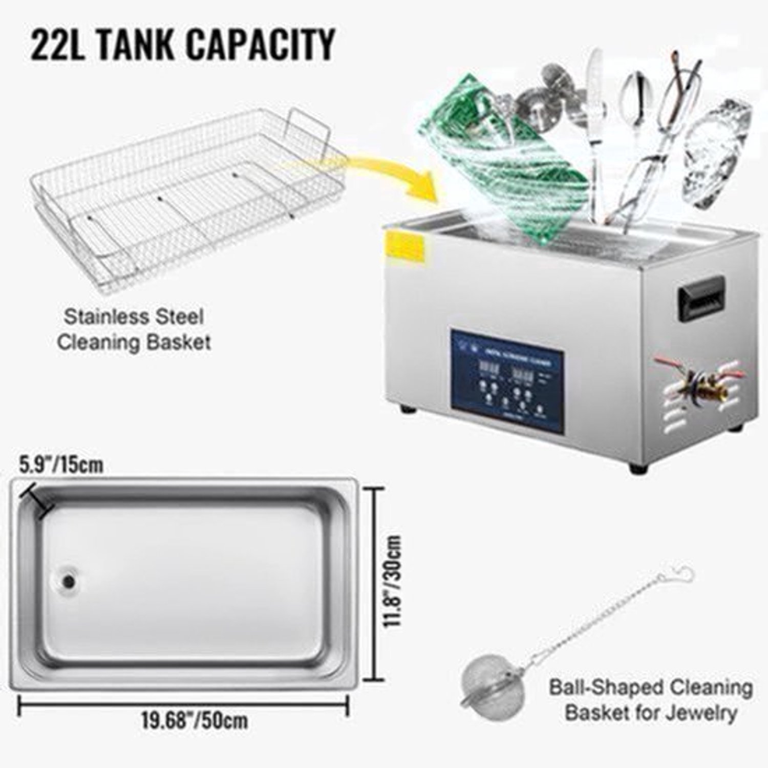 Ultrasone Reiniger – Ultrasoon Schoonmaakapparaat – Sieradenreiniger – Brillenreiniger – 22 Liter Roestvrij Stalen Tank – Dual-Frequency Technologie
