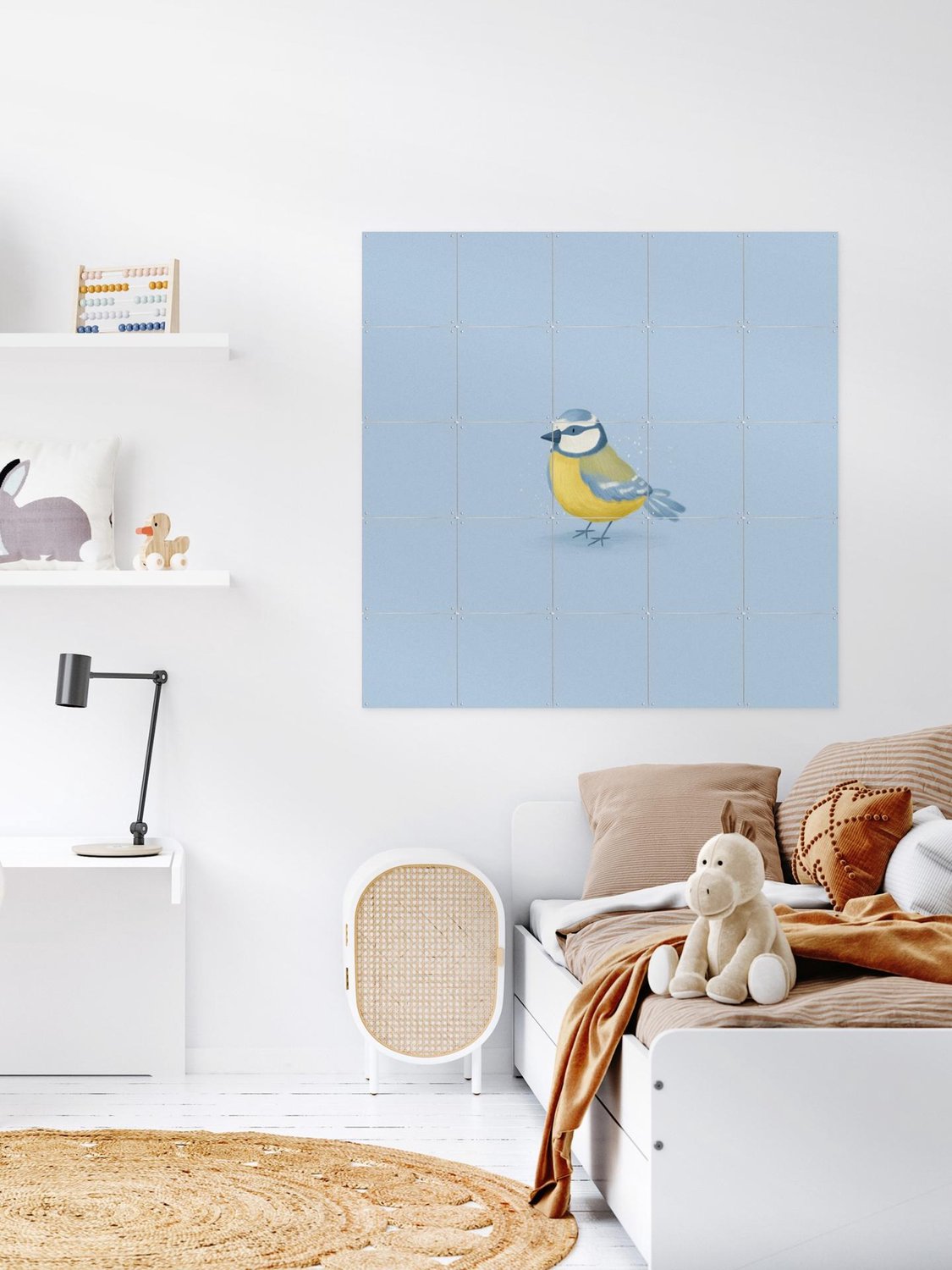 IXXI Blue Tit, Studio Phie - 100 x 100 cm - Grote wanddecoratie en posters - Illustraties, Fantasierijk, Babykamer, Vogels Blauw