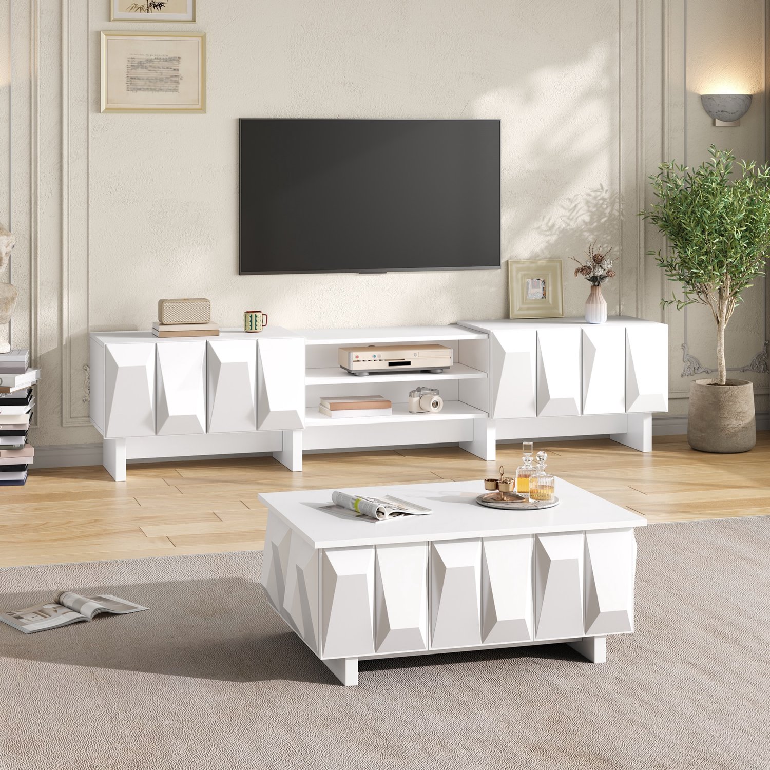 Clruro Woonkamerset - TV-Meubel 180 cm - met Salontafel - Ruitreliëf - Spaanplaat - Wit